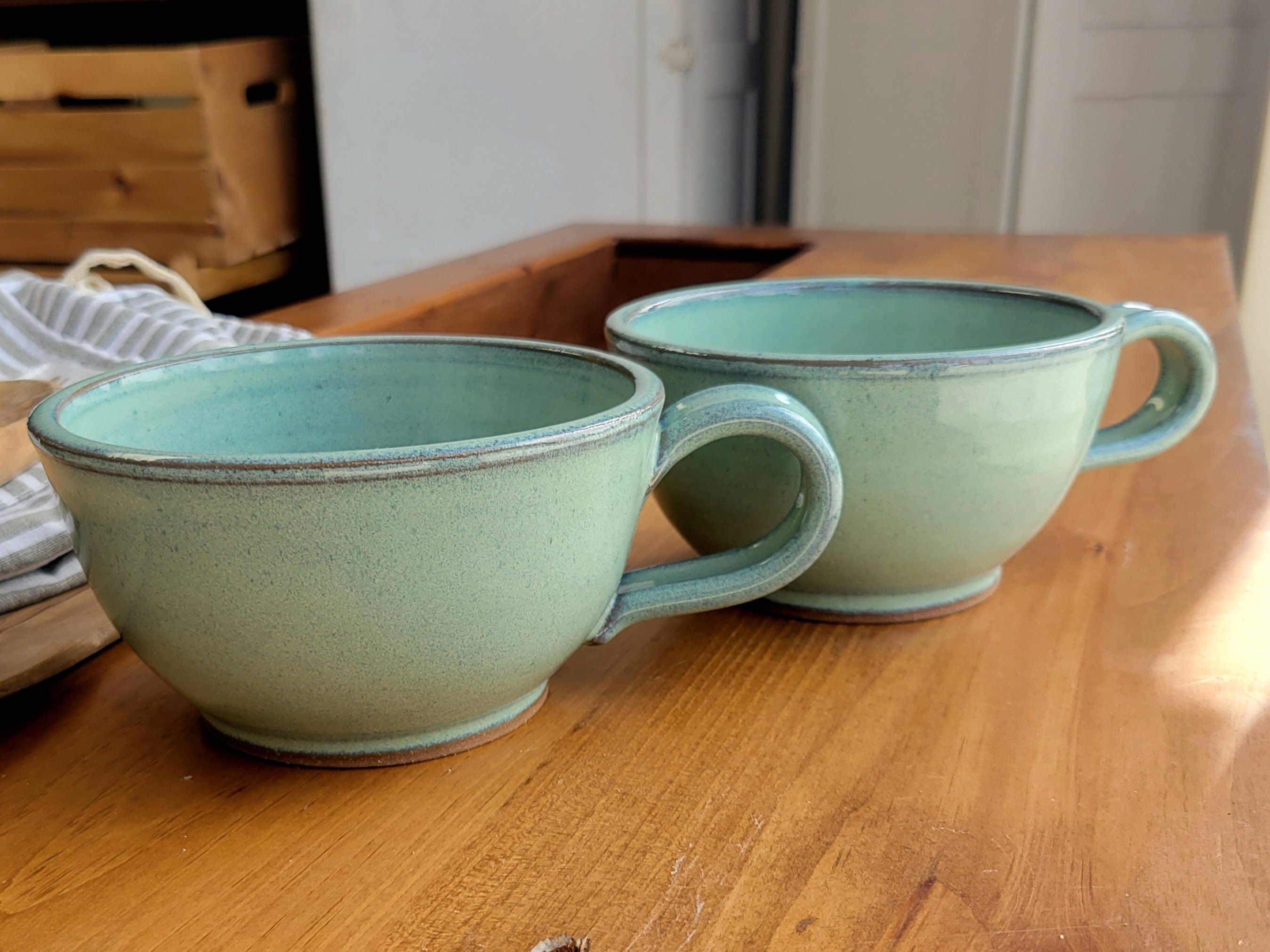 Two Rustic Forest Handmade Stoneware Pottery Soup, Cereal, Salad