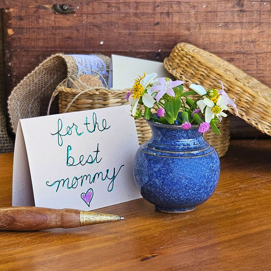 Unique Mini Handmade Pottery Vase w Poetry Card - Keepsake Miniature Flower Pot for Mom - Blue