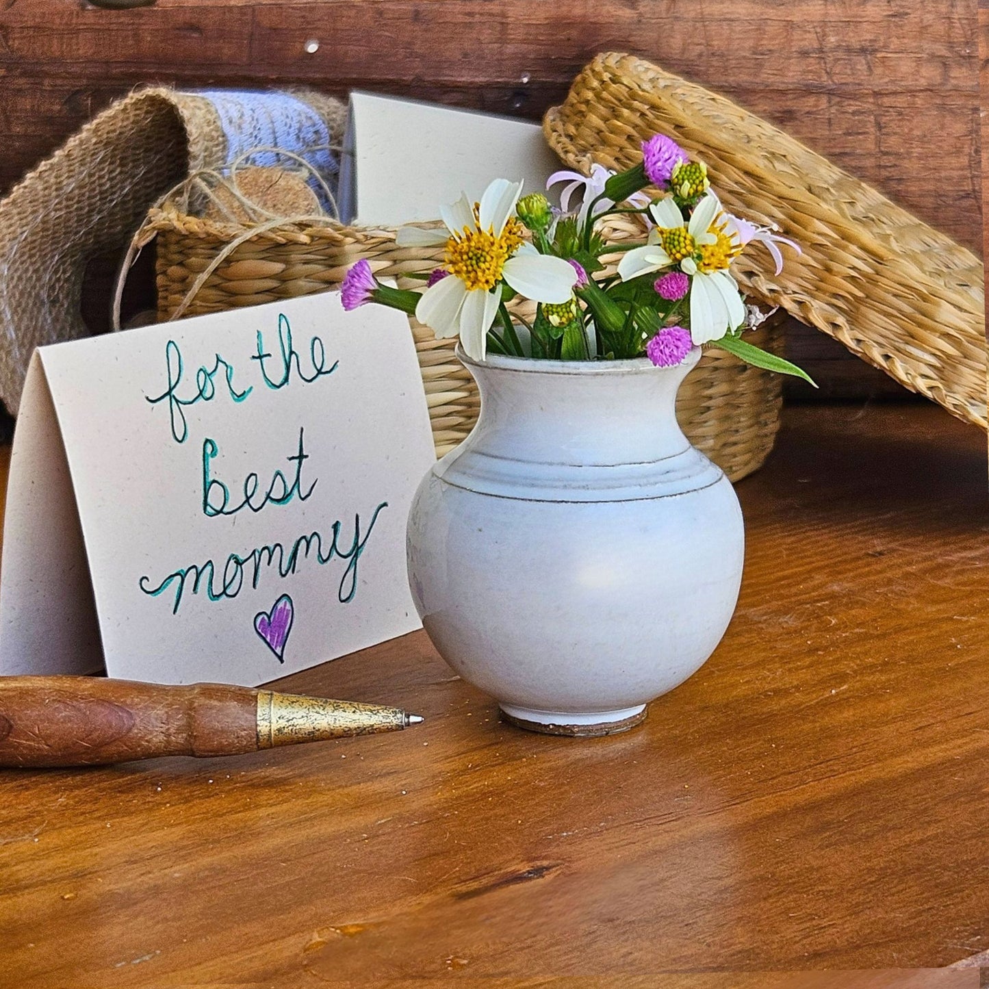 Miniature Pottery Vase for Dandelion Flowers in White