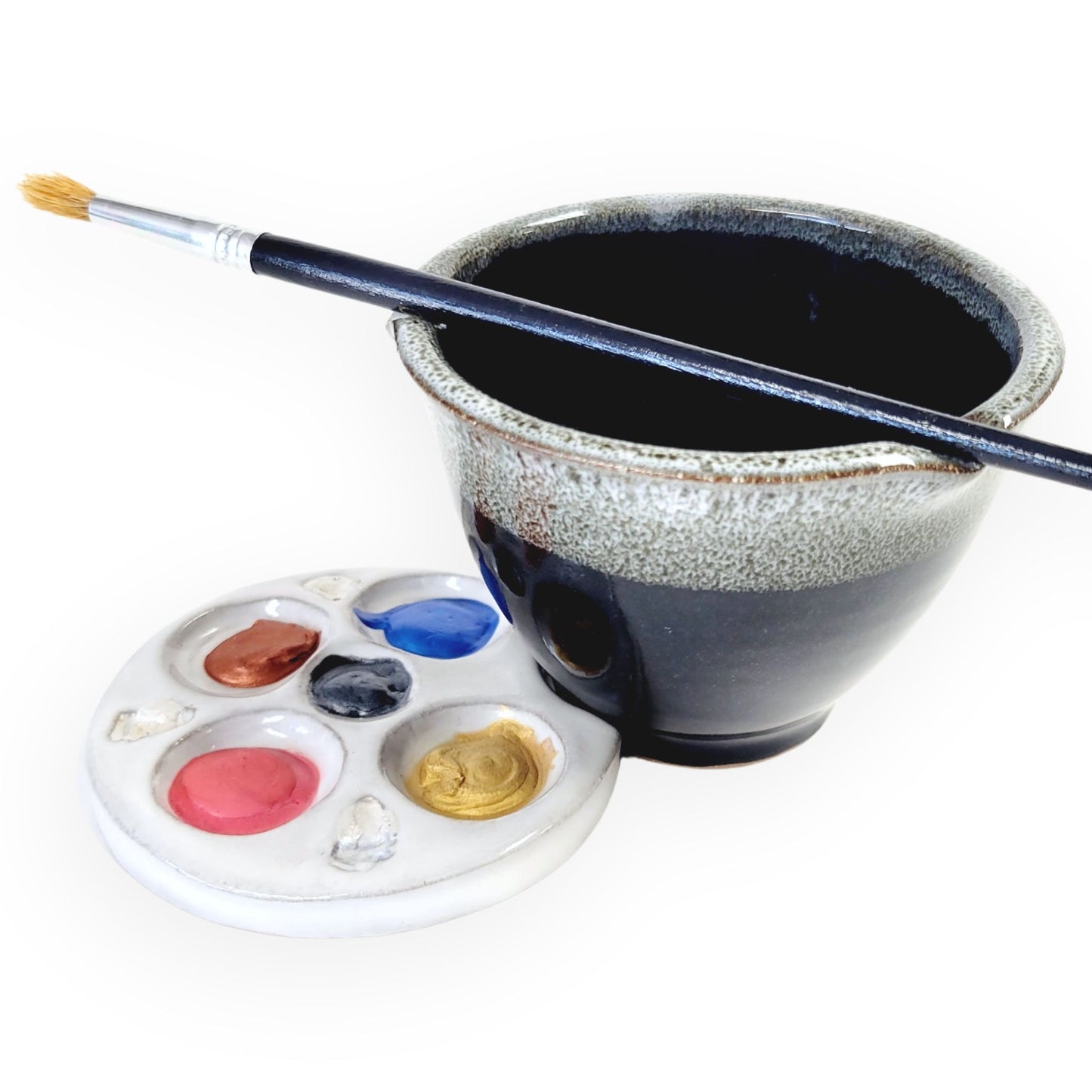 Palm Palette and Watercolor Bowl 2pc Set Painting Watercolor rest stand for painters rinse Glossy Black Speckled White