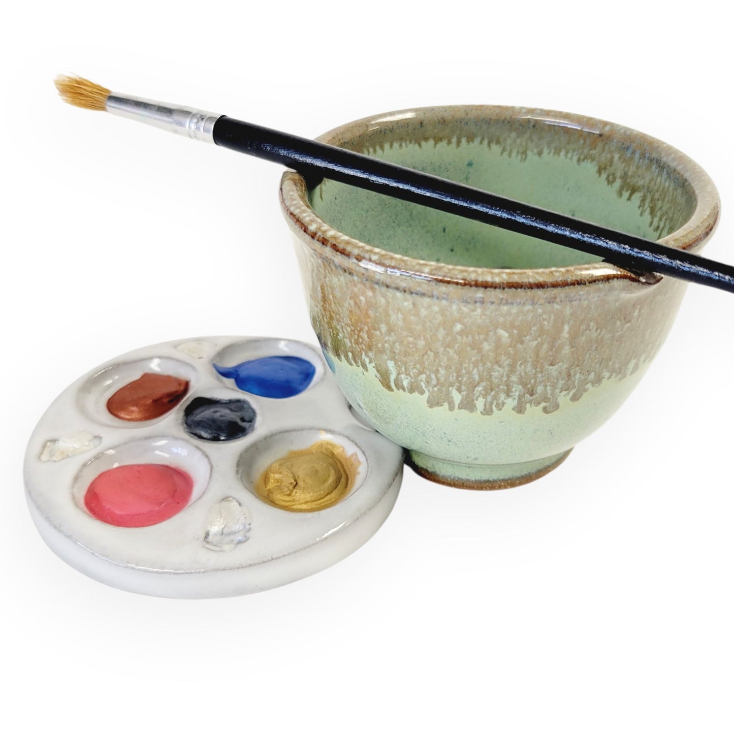 Palm Palette and Watercolor Bowl 2pc Set Painting Watercolor rest stand for painters rinse Green Bronze Drip