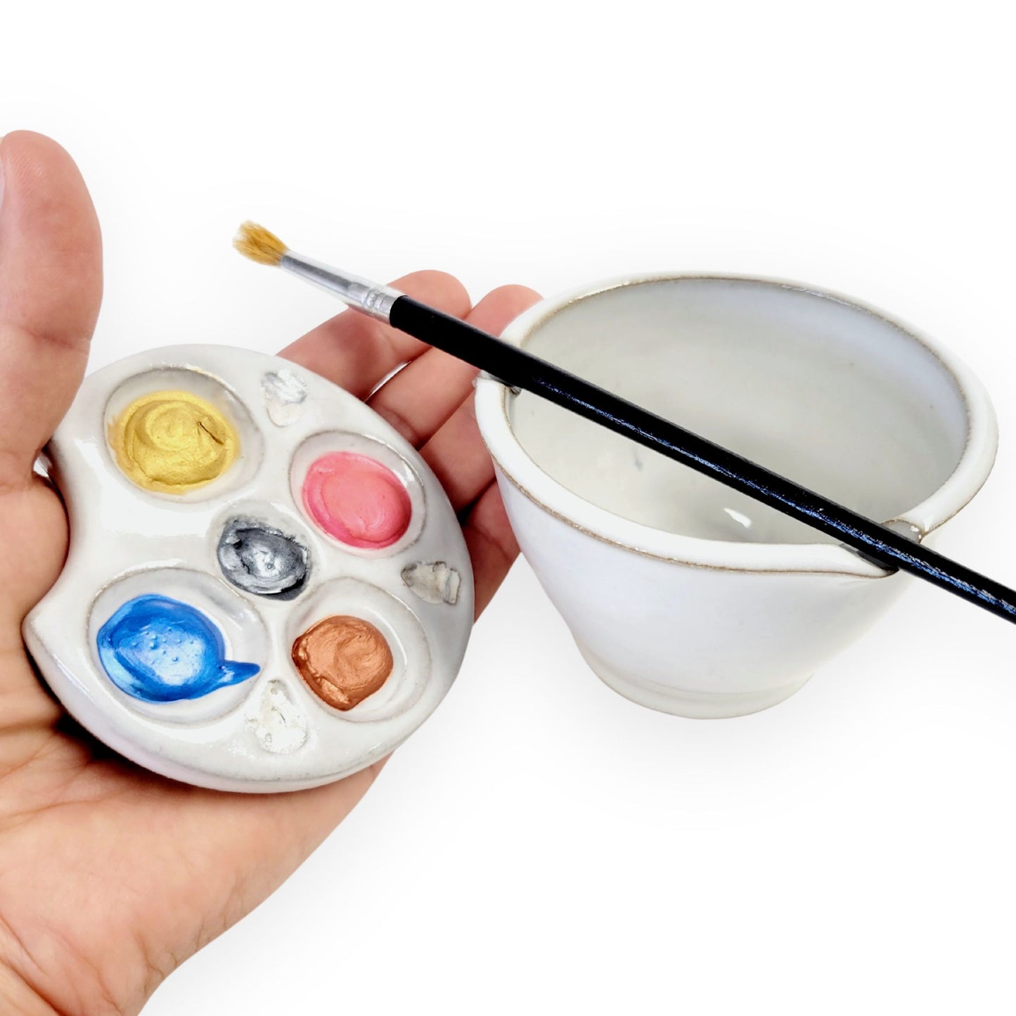 Palm Palette and Watercolor Bowl 2pc Set Painting Watercolor rest stand for painters rinse White