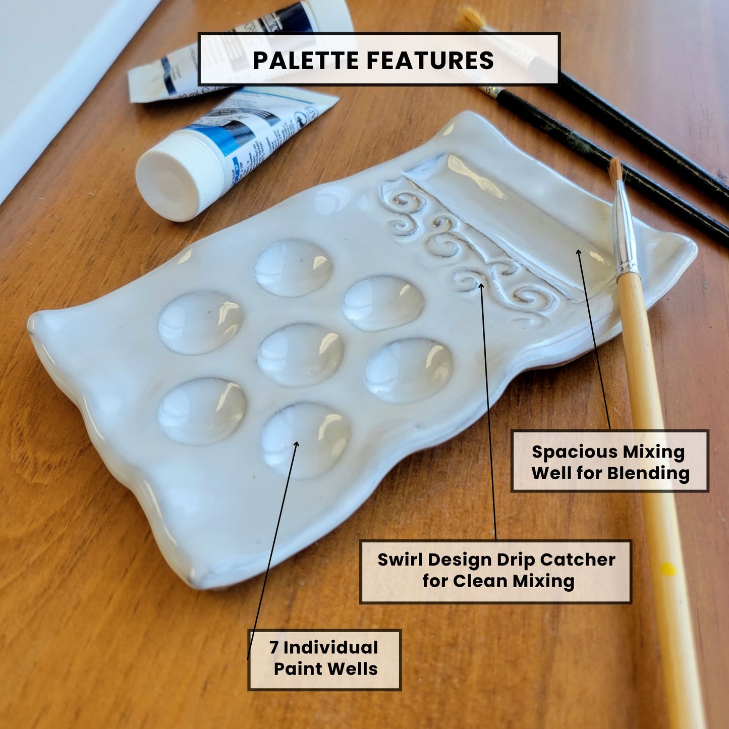 Painters Palette with Swirl Texture for Watercolor Painting Brush Rest Holder in White