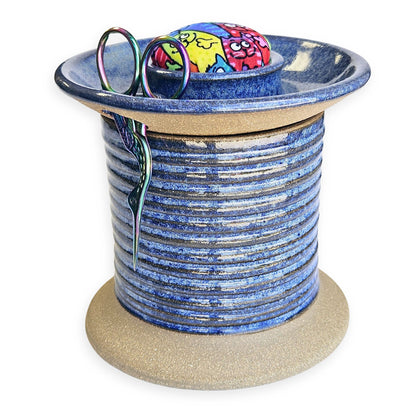 Handmade Sewing Station Caddy, Oversized Spool Design Storage, Unique Quilter's Gift in Blue