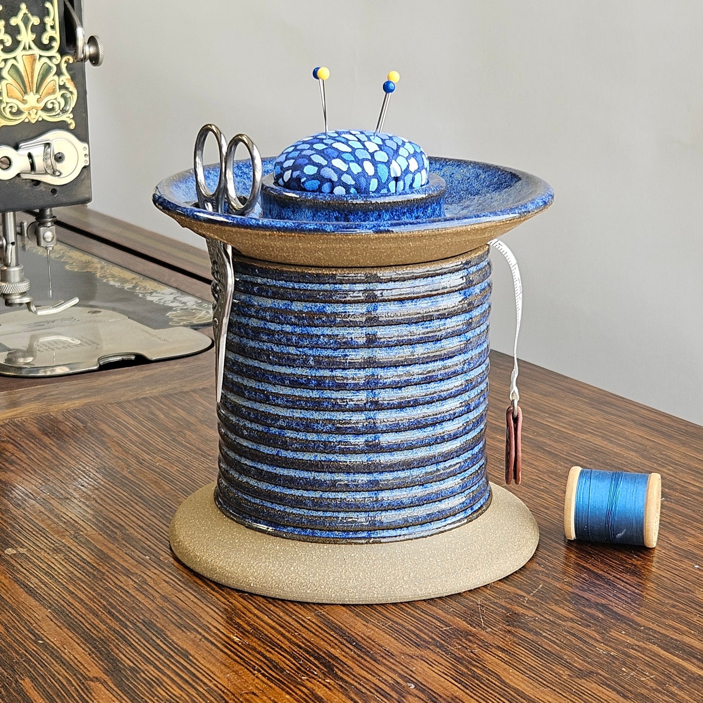 Handmade Sewing Station Caddy, Oversized Spool Design Storage, Unique Quilter's Gift in Blue