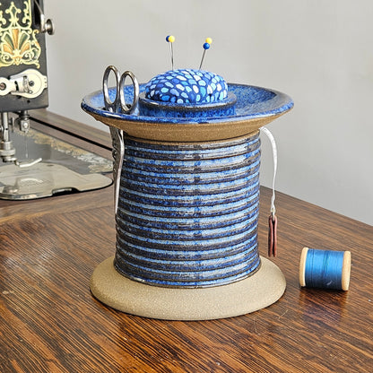 Handmade Sewing Station Caddy, Oversized Spool Design Storage, Unique Quilter's Gift in Blue