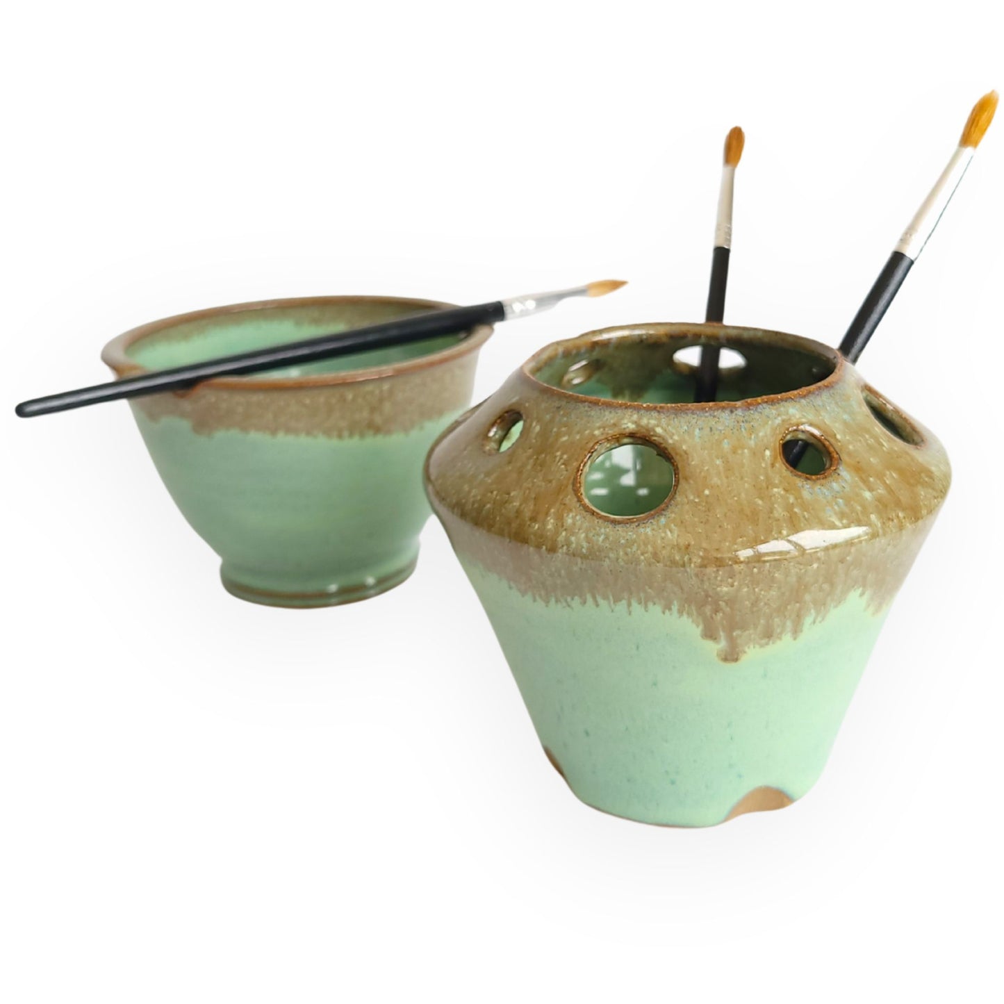 Painting Watercolor 2pc Set Bowl and Brush Caddy rest stand for painters rinse Green Bronze Drip