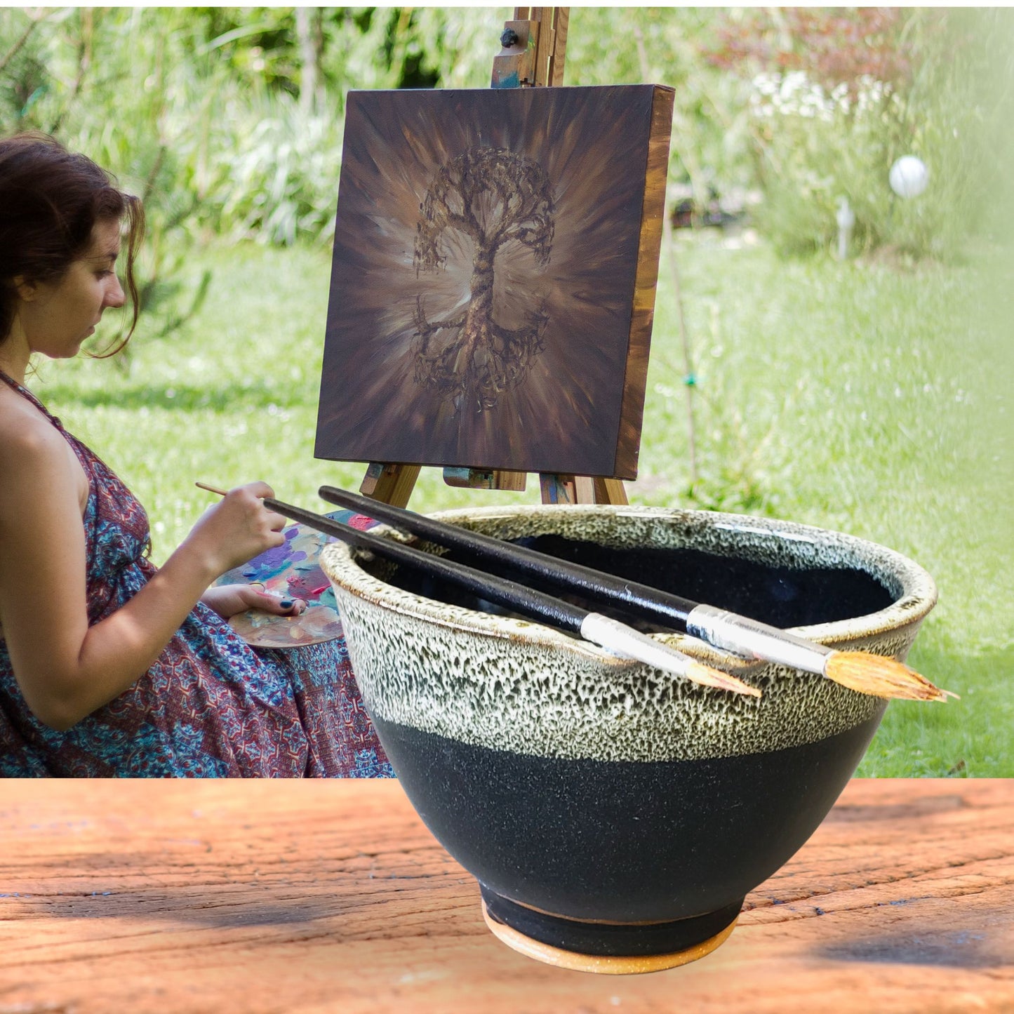 Painters Watercolor Bowl with Brush Rest in Black White Speckle