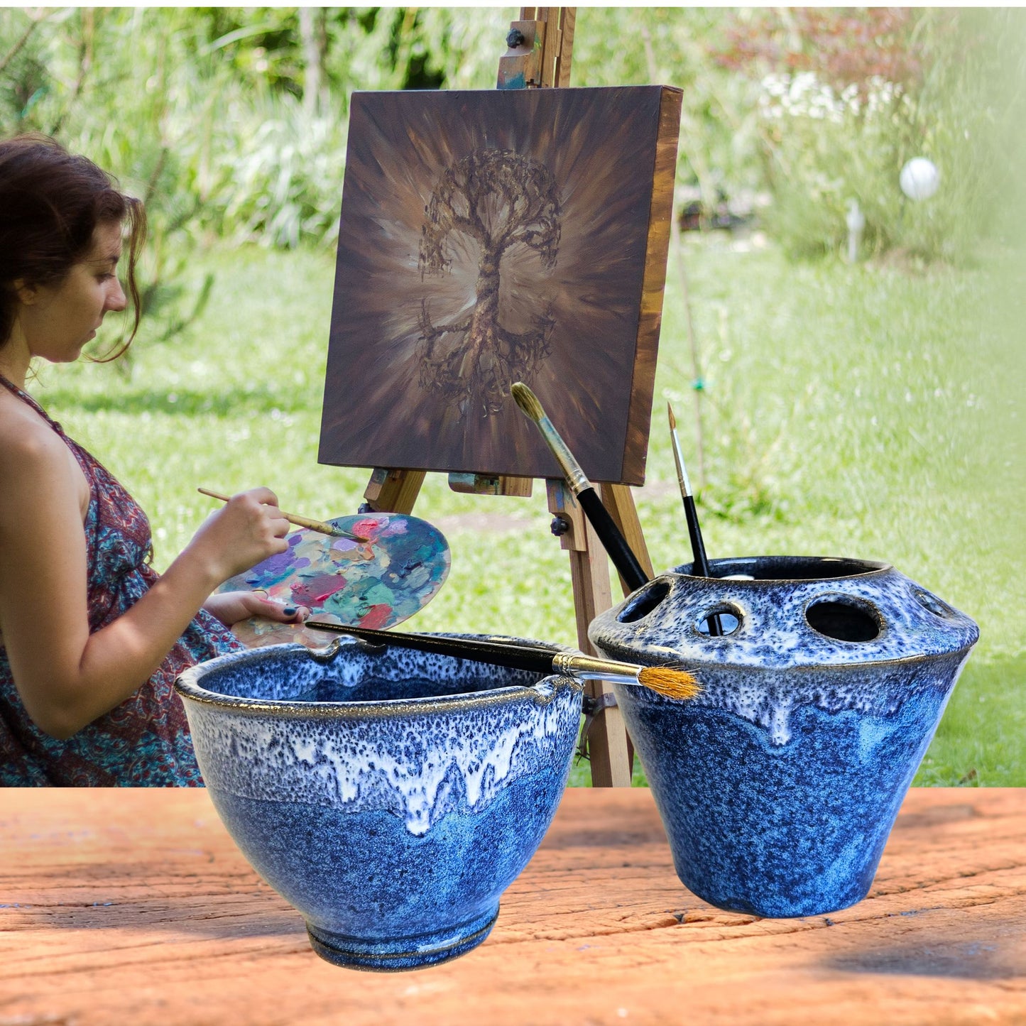 Painting Watercolor 2pc Set Bowl and Brush Caddy rest stand for painters rinse Blue White Speckle