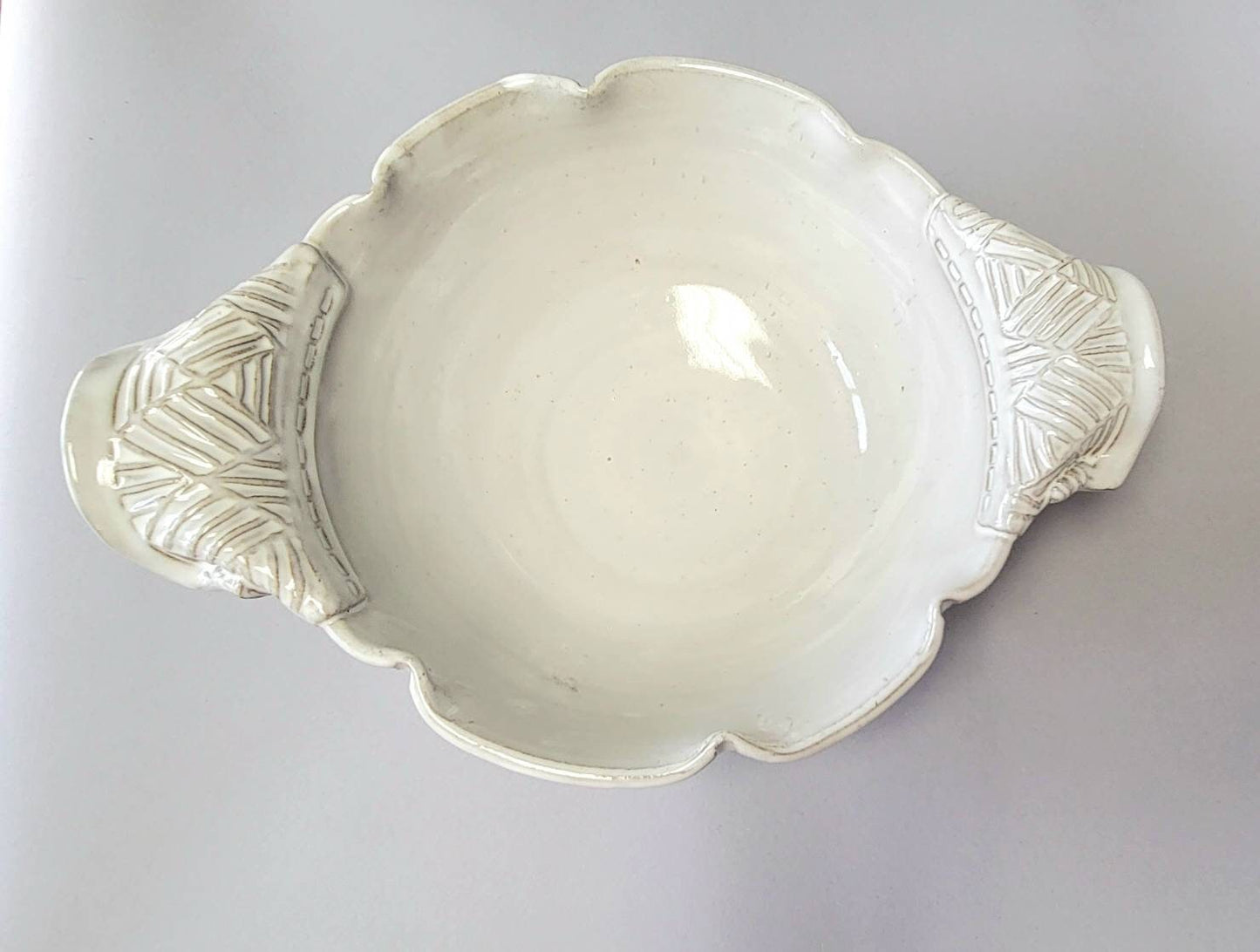 Large Scalloped Serving Bowl with Geometric Textured Handles White
